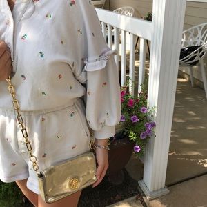 Tory Burch gold leather crossbody evening bag